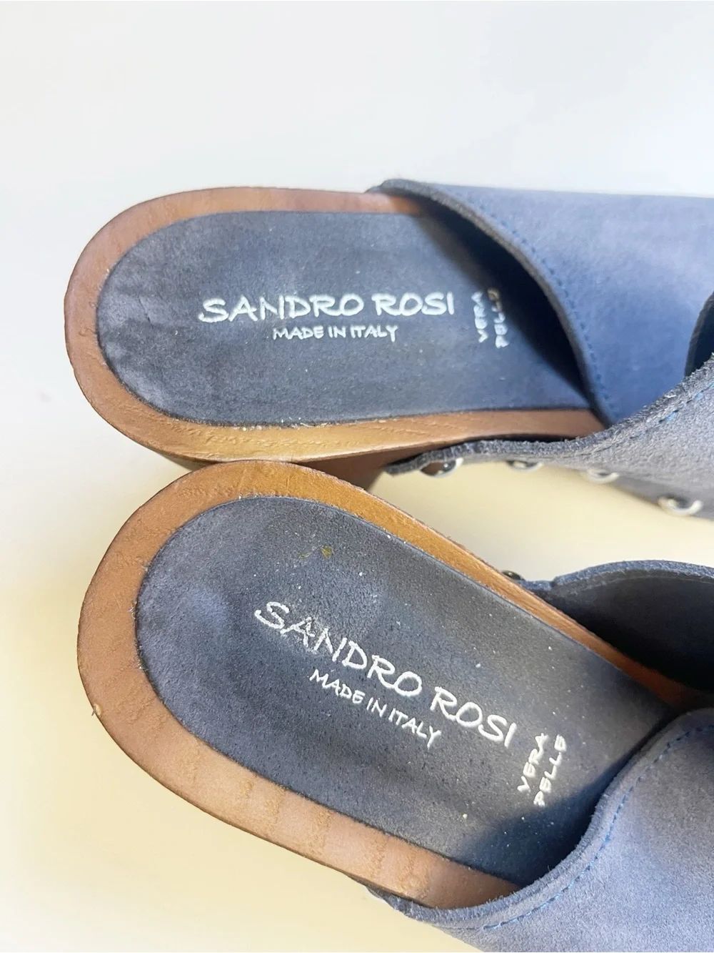 Sandro Rosi Made in Italy Blue Suede leather Studded Wooden Clogs 39 - Picture 5 of 10